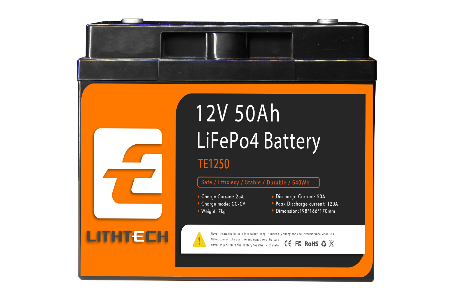 Lithtech TE1250 12.8v 50 Ah LIFEPO4 Lithium Ion Battery - Buy 12v 50ah  lithium battery, 12V LiFePo4 50ah, solar storage battery 12V 50Ah Product  on Lithtech Energy