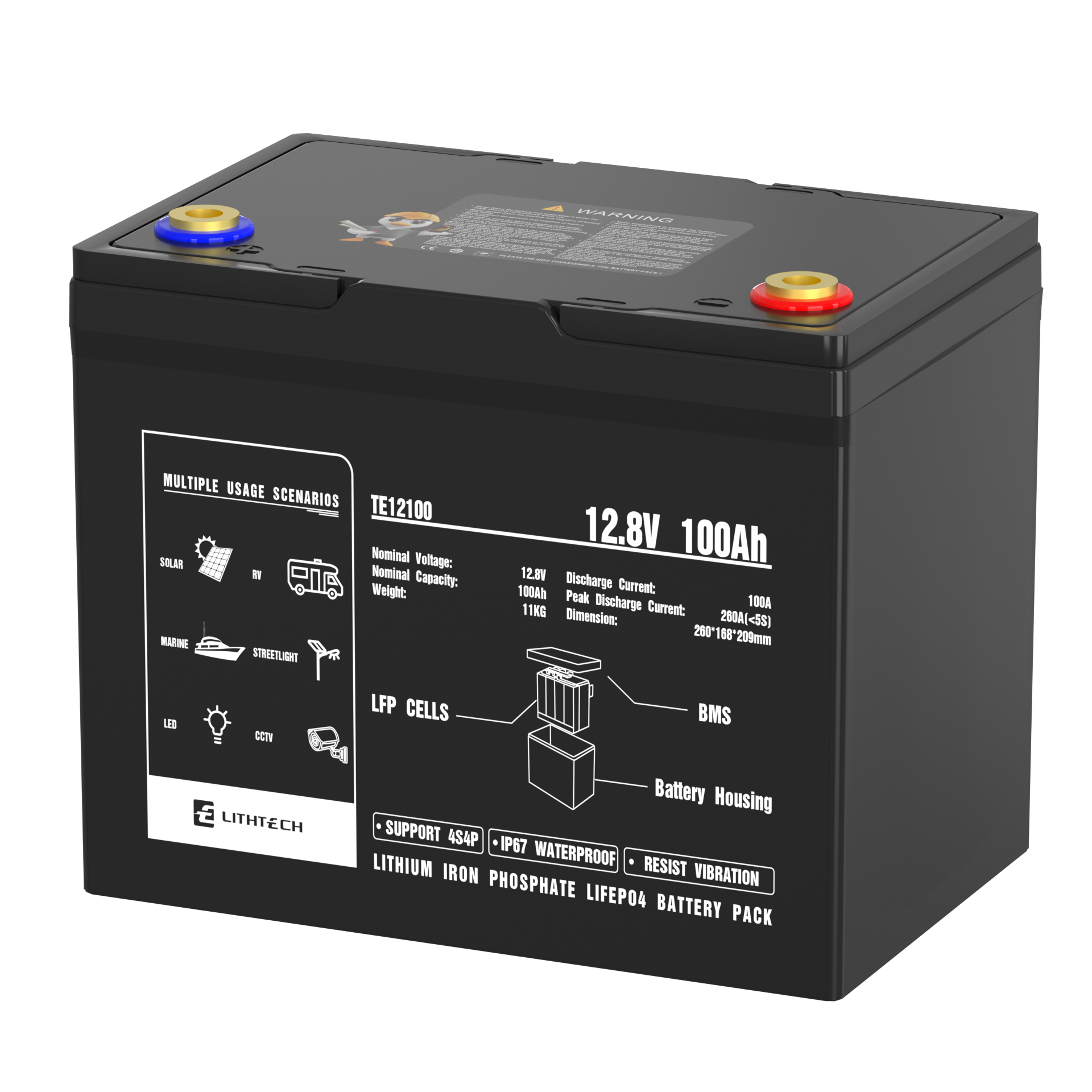 Lithtech TE12100 Solar Lifepo4 12v 100ah Lithium Iron Phosphate Battery Pack