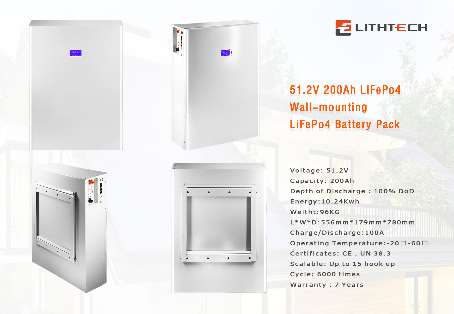 Lithtech ESS Powerwall Hybrid 48V 200Ah LiFePO4 Lithium Ion Battery 48V 10KWh Home Solar Storage System Battery 